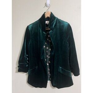 Skies Are Blue Blazer Women Small Ruched 3/4 Sleeve Velvet Open Front Green
